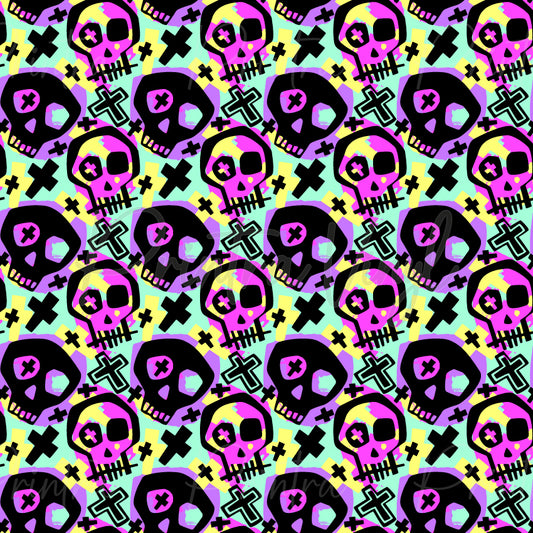Dead Cool #01 patterned vinyl featuring bold neon skulls, crosses, and graphic symbols in vibrant pink, purple, mint green, yellow, and black tones, creating a playful punk-inspired design with a colourful spooky aesthetic.