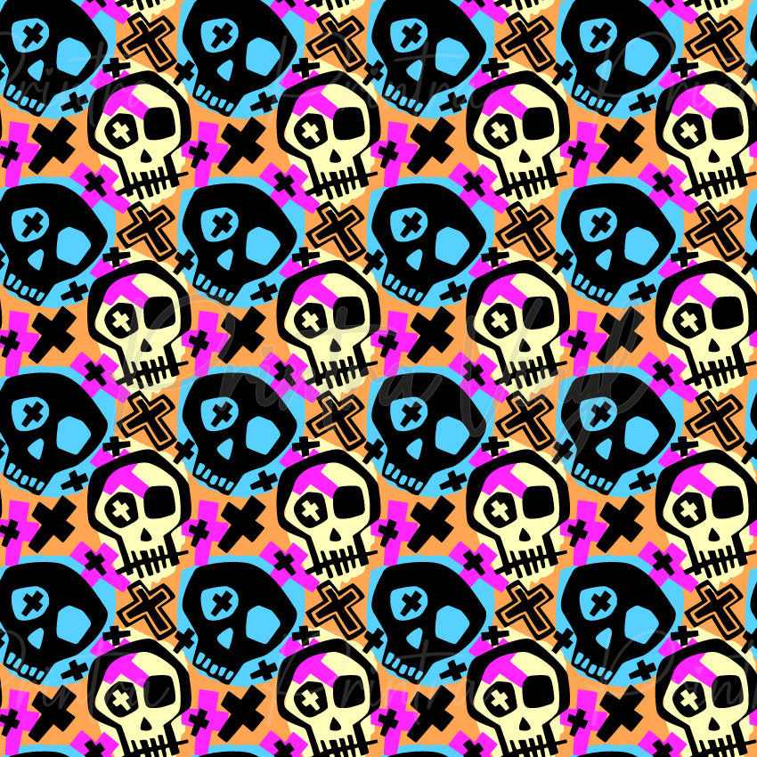 Dead Cool #02 patterned vinyl featuring bold cartoon skulls, crosses, and graphic symbols in neon blue, hot pink, black, cream, and orange tones, creating a colourful punk-inspired design with a playful spooky vibe.