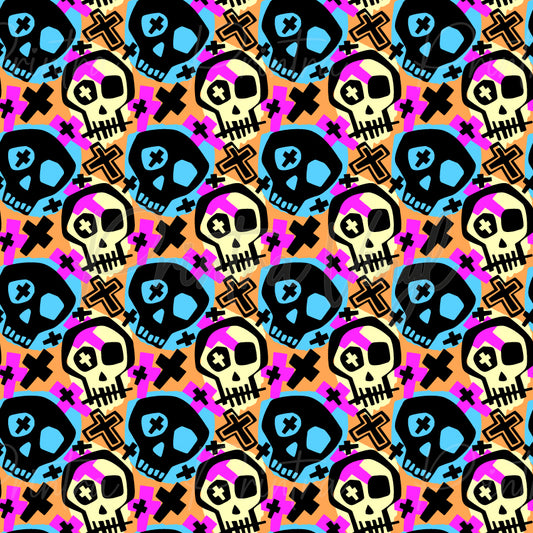 Dead Cool #02 patterned vinyl featuring bold cartoon skulls, crosses, and graphic symbols in neon blue, hot pink, black, cream, and orange tones, creating a colourful punk-inspired design with a playful spooky vibe.
