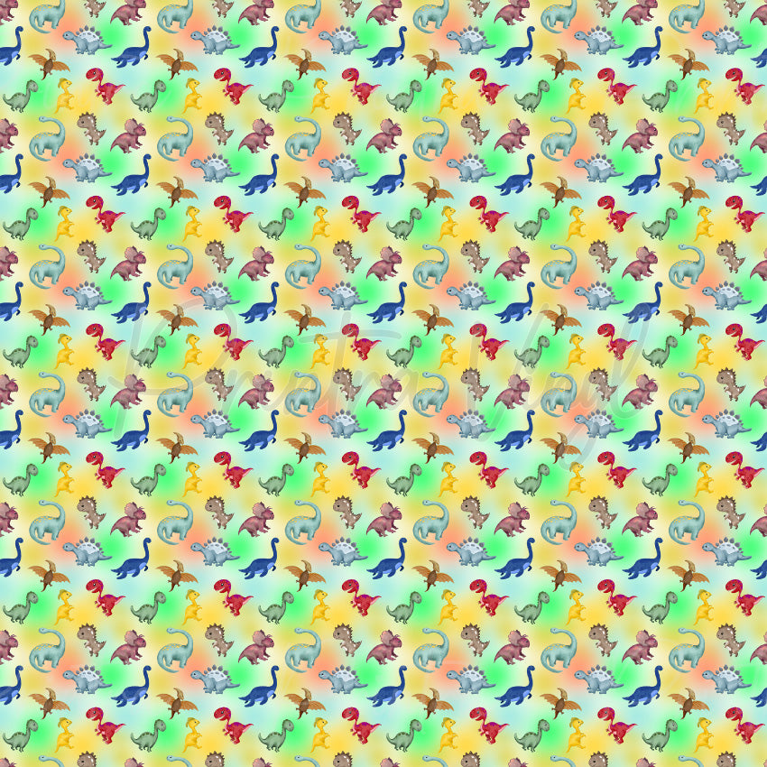 Dinosaurs #06 patterned vinyl featuring adorable cartoon dinosaurs including T-Rex, triceratops, stegosaurus, brachiosaurus, pterodactyls, and baby dinosaurs scattered across a soft rainbow watercolour background in cheerful pastel colours.