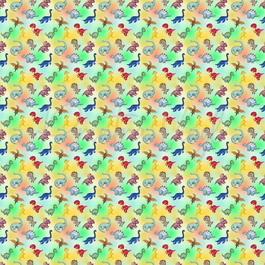 Dinosaurs #06 patterned vinyl featuring adorable cartoon dinosaurs including T-Rex, triceratops, stegosaurus, brachiosaurus, pterodactyls, and baby dinosaurs scattered across a soft rainbow watercolour background in cheerful pastel colours.