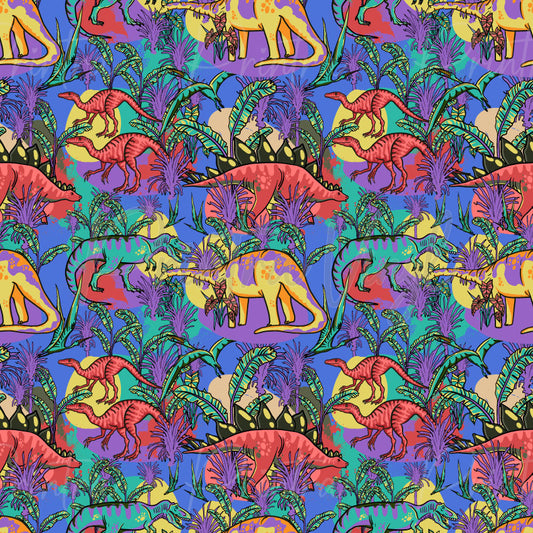 Dinosaurs #07 patterned vinyl featuring colourful cartoon dinosaurs roaming through a vibrant prehistoric jungle filled with tropical palms, leafy foliage, and bold retro-inspired colours in teal, purple, coral, yellow, and blue tones.