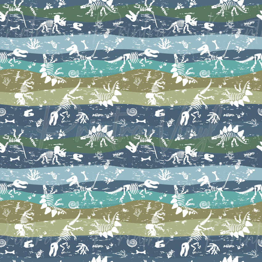 Dinosaurs #08 patterned vinyl featuring dinosaur skeletons, fossil skulls, footprints, bones, and prehistoric fossils arranged across layered earthy stripes in blue, sage green, and taupe tones.