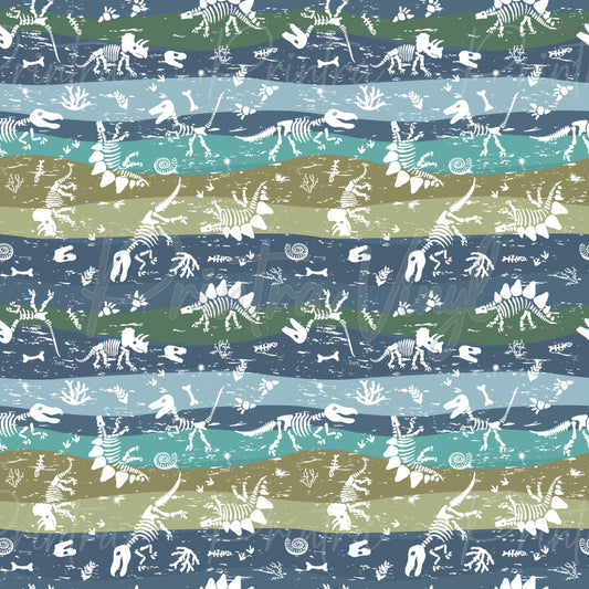 Dinosaurs #08 patterned vinyl featuring dinosaur skeletons, fossil skulls, footprints, bones, and prehistoric fossils arranged across layered earthy stripes in blue, sage green, and taupe tones.