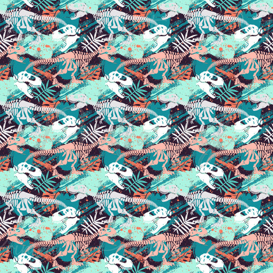 Dinosaurs #09 patterned vinyl featuring detailed dinosaur skeletons, fossil skulls, prehistoric bones, tropical foliage, and paint-splatter accents in teal, coral, and cream tones on a dark background.