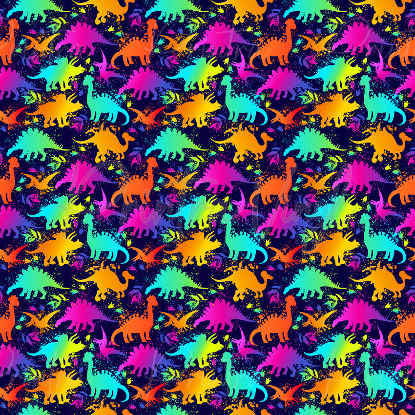 Dinosaurs #10 patterned vinyl featuring vibrant neon dinosaur silhouettes in bright pink, blue, green, orange, yellow, and purple, layered over colourful paint splatter effects on a dark background.