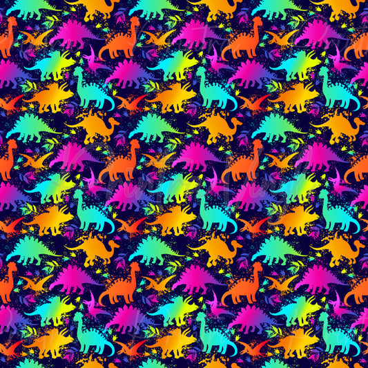 Dinosaurs #10 patterned vinyl featuring vibrant neon dinosaur silhouettes in bright pink, blue, green, orange, yellow, and purple, layered over colourful paint splatter effects on a dark background.