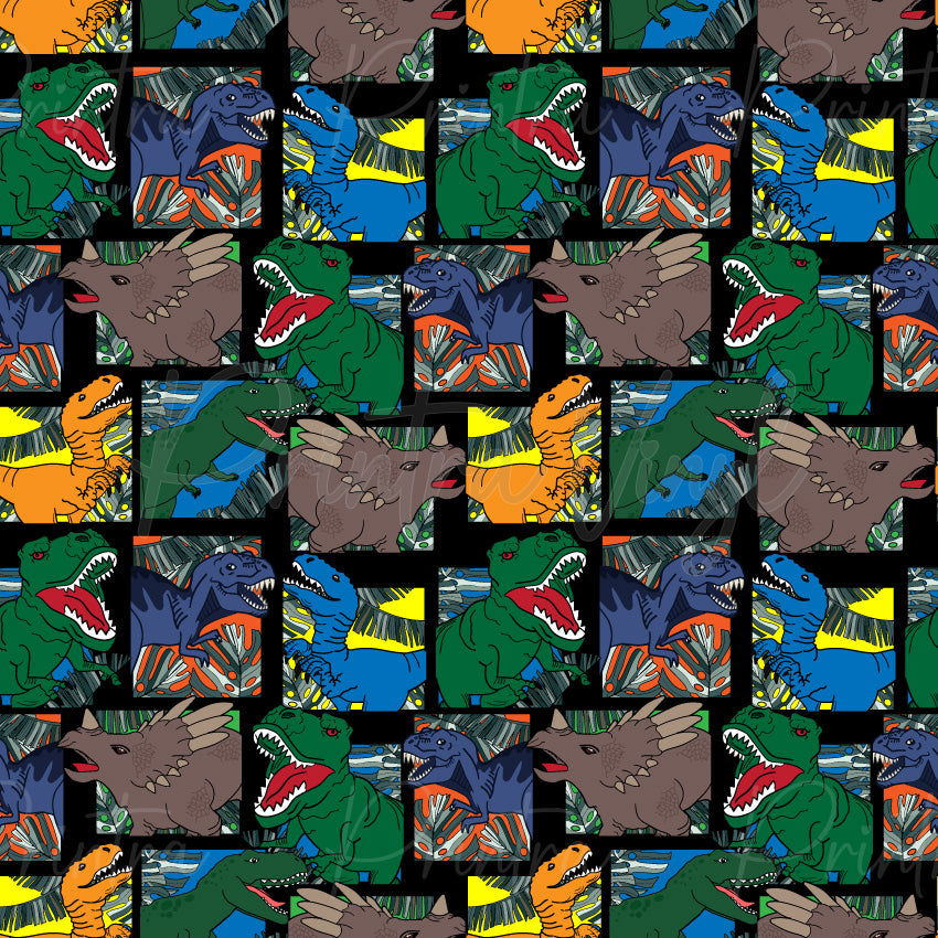 Dinosaurs #11 patterned vinyl featuring colourful cartoon dinosaurs including T-Rex, triceratops, and raptor designs arranged in comic-style panels with bold jungle leaves and prehistoric scenery on a black background.