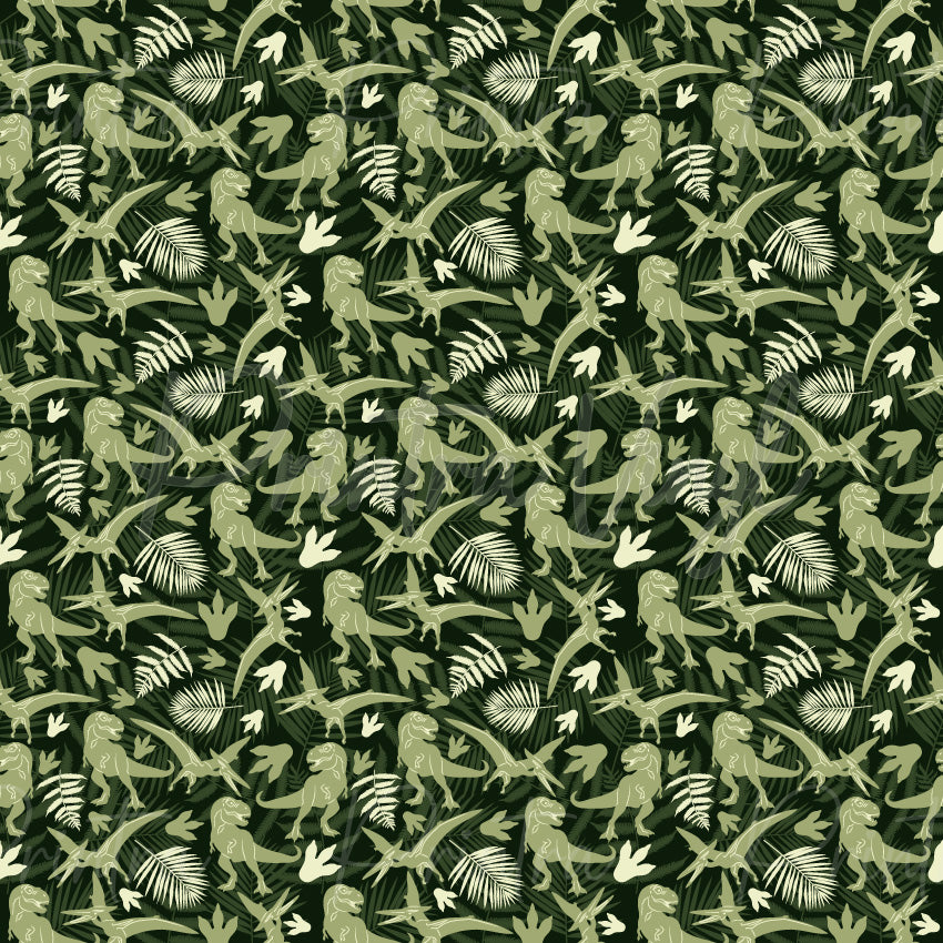 Dinosaurs #12 patterned vinyl featuring dinosaur silhouettes, fossil footprints, tropical ferns, and prehistoric leaves in layered shades of olive green and khaki on a dark jungle-inspired background.