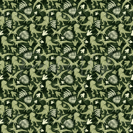Dinosaurs #12 patterned vinyl featuring dinosaur silhouettes, fossil footprints, tropical ferns, and prehistoric leaves in layered shades of olive green and khaki on a dark jungle-inspired background.