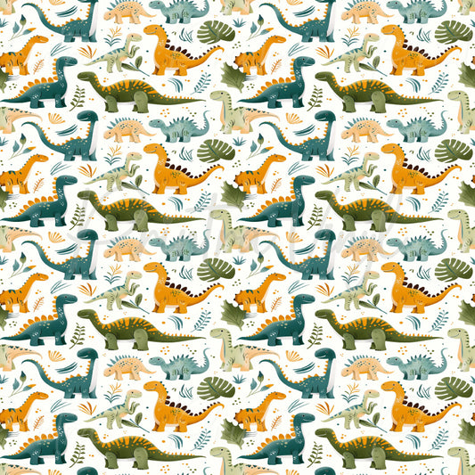 Dinosaurs #13 patterned vinyl featuring adorable cartoon dinosaurs including brontosaurus, stegosaurus, and ankylosaurus, surrounded by prehistoric plants, leaves, and botanical accents in soft green, teal, and mustard tones on a light background.