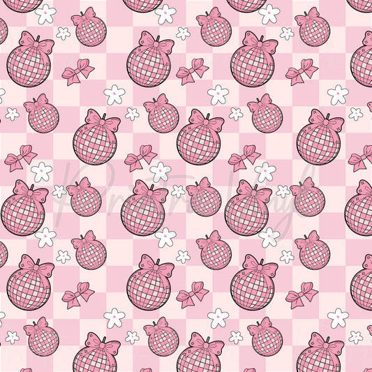 Disco Bows patterned vinyl featuring pink disco balls topped with ribbon bows, scattered across a soft pink checkerboard background with white floral accents for a fun retro-inspired design.