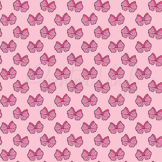 Dotty Bow Delight patterned vinyl featuring bright pink polka dot bows scattered across a soft blush pink background, creating a fun and playful all-over bow design.