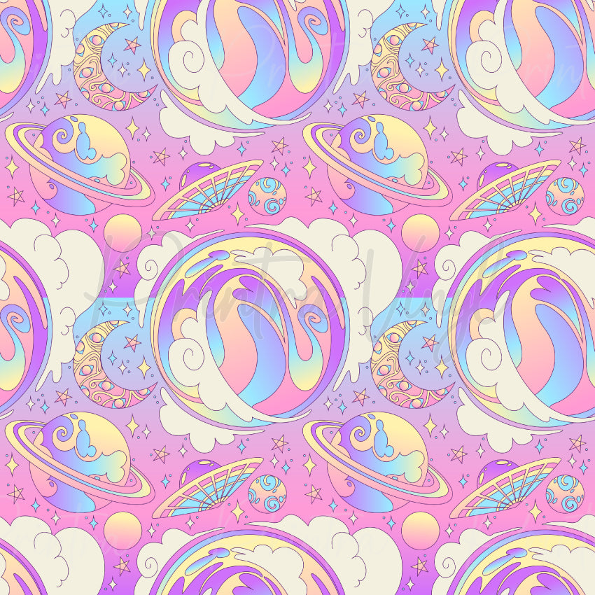 Dreamscapes #01 patterned vinyl featuring pastel planets, moons, stars and swirling cosmic clouds in pink, lavender, blue and yellow tones with a whimsical celestial space design.