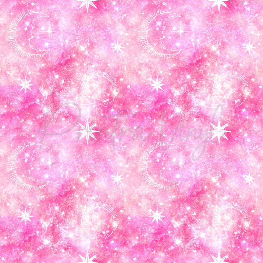 Dreamscapes #04 patterned vinyl featuring celestial moons, stars and cosmic line art on a dreamy pink galaxy background with sparkling nebula and stardust details.