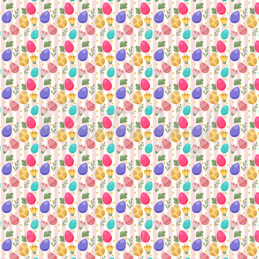 Easter Egg Patch patterned vinyl featuring colourful Easter eggs, spring flowers, leafy sprigs, and playful polka dots arranged in neat vertical rows on a soft cream background.