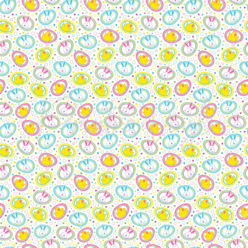 Easter Friends patterned vinyl featuring adorable Easter bunnies and chicks framed in decorative egg-shaped medallions, scattered across a white background with colourful spring confetti accents.