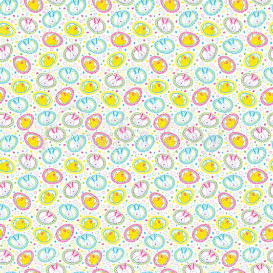 Easter Friends patterned vinyl featuring adorable Easter bunnies and chicks framed in decorative egg-shaped medallions, scattered across a white background with colourful spring confetti accents.