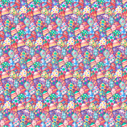 Eggsplosion patterned vinyl featuring a colourful collection of decorated Easter eggs with stripes, polka dots, florals, zigzags, and geometric designs in vibrant pink, purple, blue, teal, yellow, and orange tones.