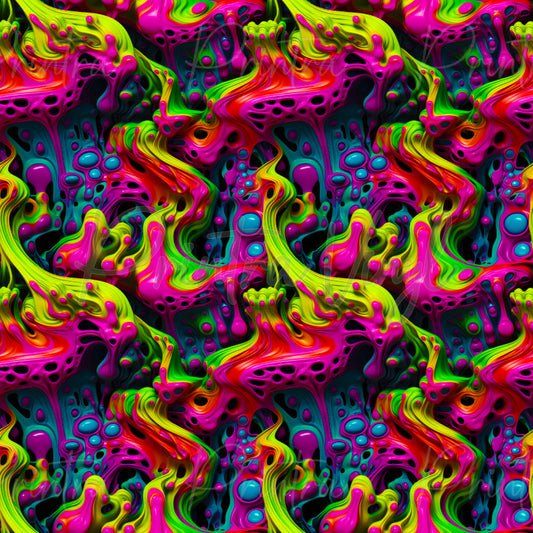 A seamless abstract pattern featuring vibrant neon colours including magenta, lime green, yellow, and cyan on a dark teal background, with a repeating organic slime fluid design.