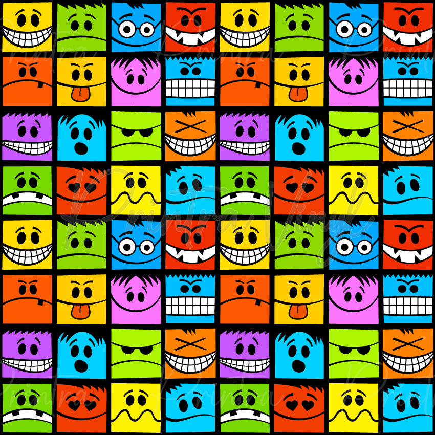 Emoticons #04 patterned vinyl featuring a colourful grid of cartoon emoji faces with playful expressions including grins, winks, hearts, silly faces, and quirky characters in bright yellow, blue, green, orange, pink, and purple squares.