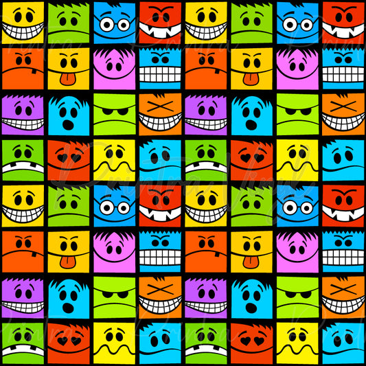 Emoticons #04 patterned vinyl featuring a colourful grid of cartoon emoji faces with playful expressions including grins, winks, hearts, silly faces, and quirky characters in bright yellow, blue, green, orange, pink, and purple squares.