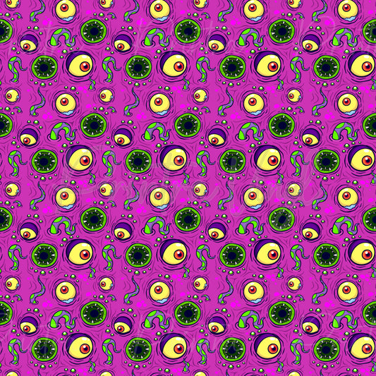 A repeating psychedelic pattern featuring cartoonish one-eyed eyeballs, swirling green and purple tentacles, and bright green circles on a vivid magenta-purple background.