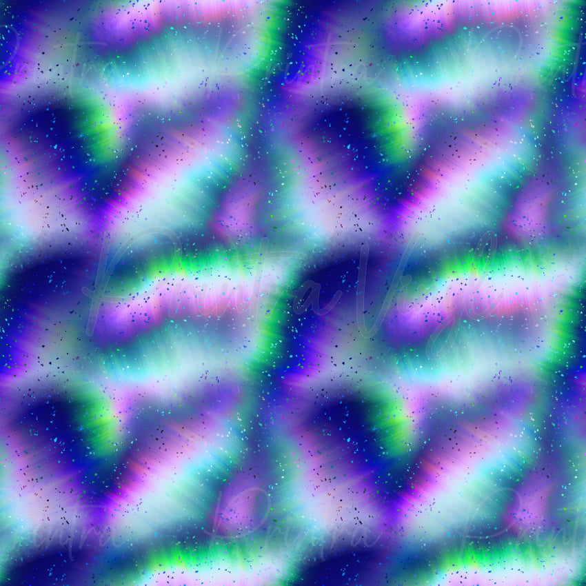 Fantasia patterned vinyl featuring a dreamy blend of aqua, turquoise, lavender, violet and lime green with soft glowing colour transitions, cloud-like textures and scattered iridescent glitter effects creating a magical fantasy-inspired design.
