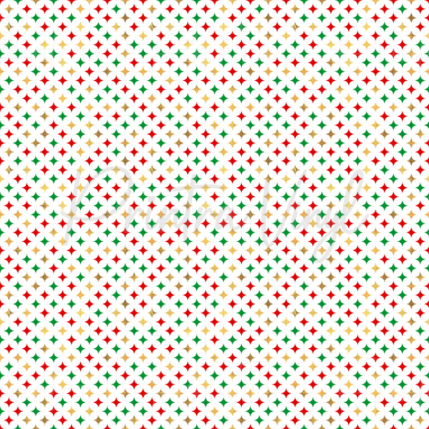 Festive Cheer #02 patterned vinyl featuring a repeating geometric star pattern in festive red, green, and gold tones on a crisp white background, accented with subtle glitter-inspired details for a classic holiday look.