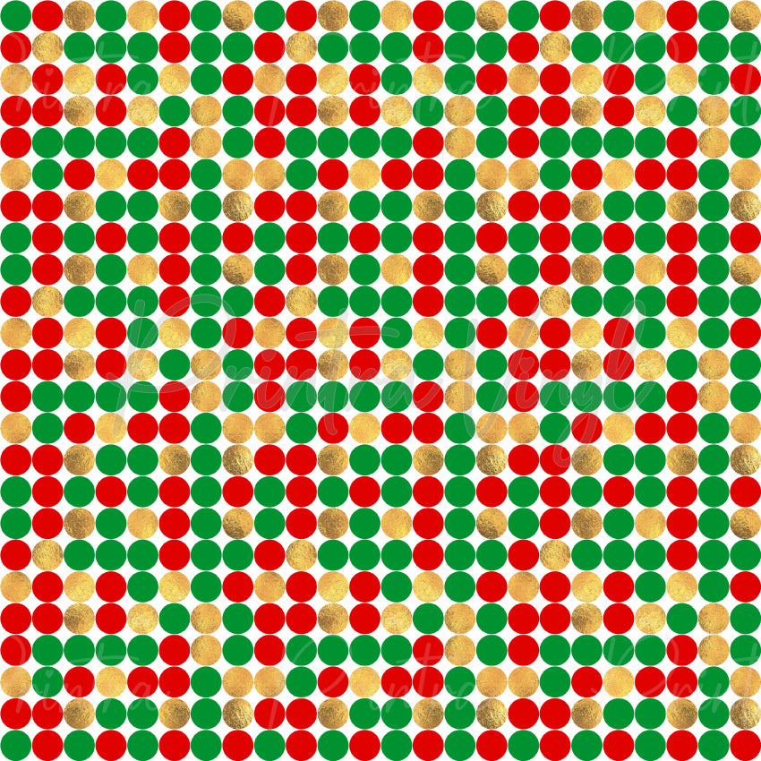 Festive Cheer #04 patterned vinyl featuring a playful polka dot design with festive red, green, and gold glitter-look circles scattered across a crisp white background for a classic Christmas-inspired look.