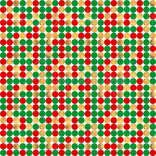 Festive Cheer #04 patterned vinyl featuring a playful polka dot design with festive red, green, and gold glitter-look circles scattered across a crisp white background for a classic Christmas-inspired look.