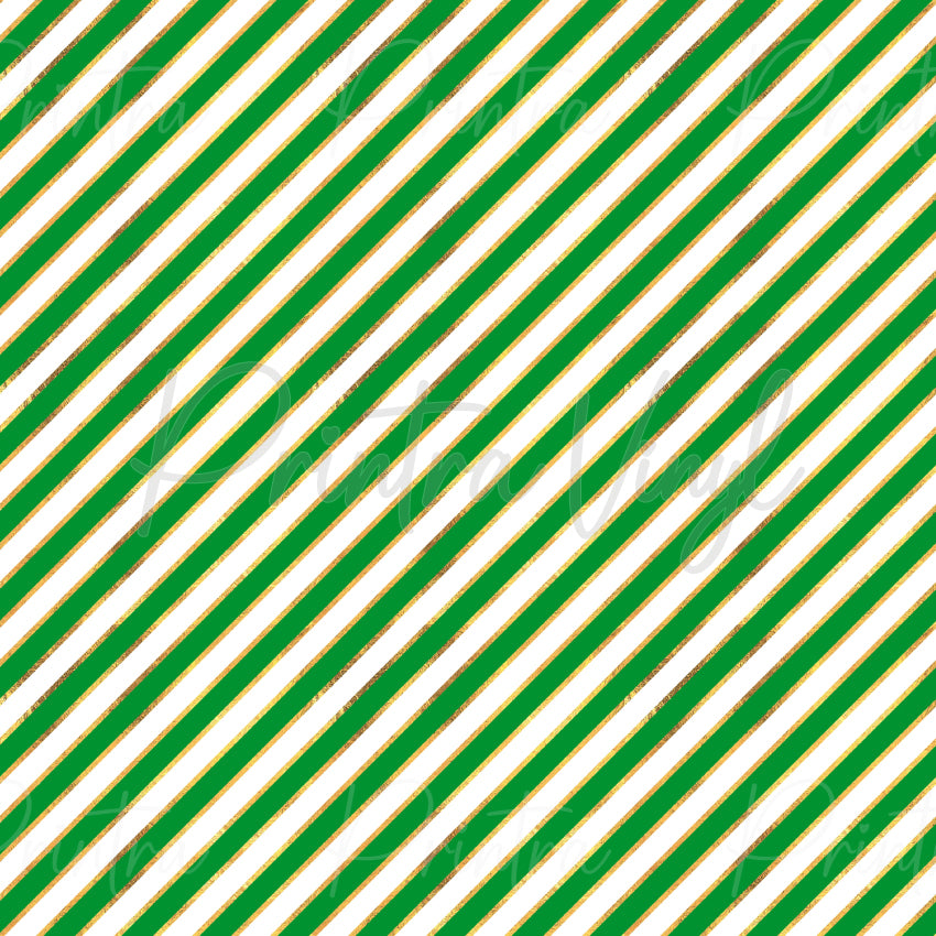 Festive Cheer #05 patterned vinyl featuring elegant diagonal green stripes accented with shimmering gold bands on a crisp white background, creating a classic and sophisticated Christmas-inspired design.