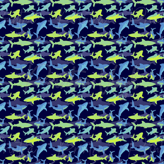 Fin Frenzy patterned vinyl featuring a lively collection of sharks, whales, dolphins, hammerhead sharks, and other ocean predators in bright blue and lime green tones scattered across a deep navy background.
