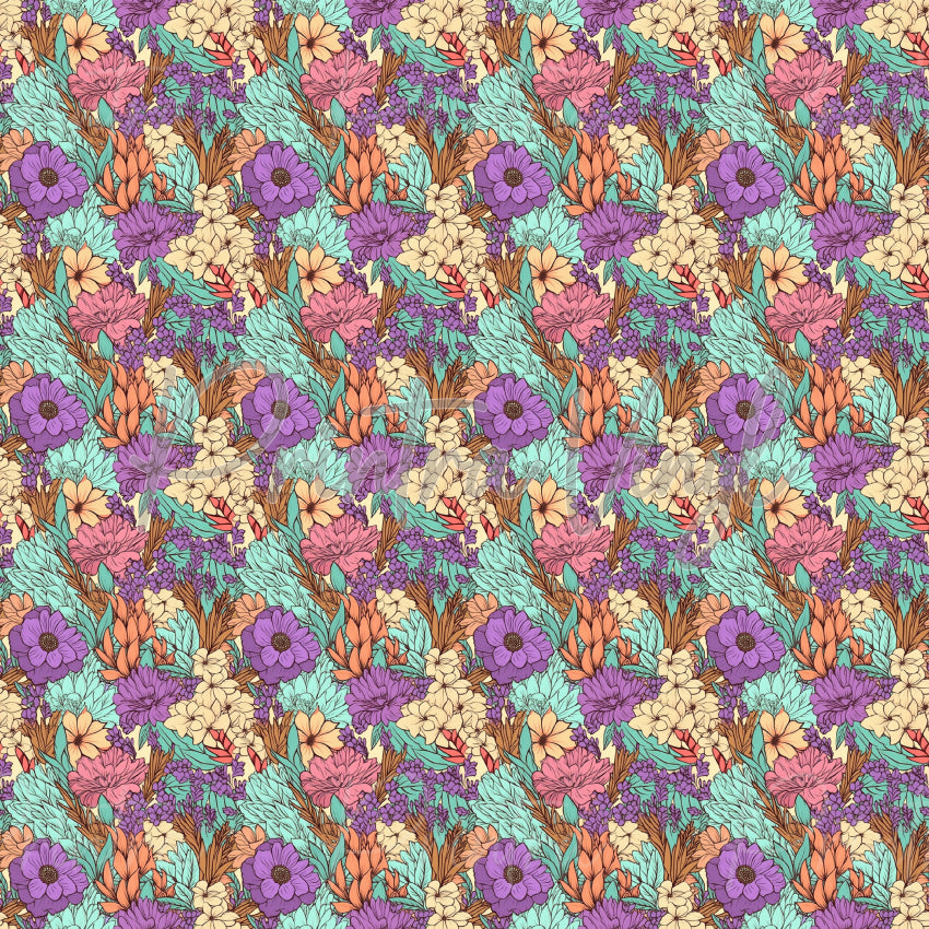 Flower Field #01 patterned vinyl featuring a lush tapestry of illustrated wildflowers in lavender, blush pink, peach, cream, and aqua tones, accented with detailed foliage and botanical textures for a vibrant meadow-inspired design.