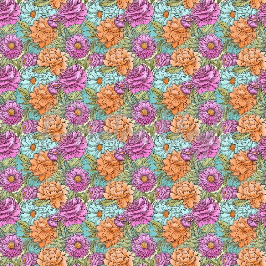 Flower Field #02 patterned vinyl featuring a vibrant collection of hand-drawn garden flowers in blush pink, peach, lavender, and aqua tones, accented with leafy green foliage and layered botanical details on a soft turquoise background.