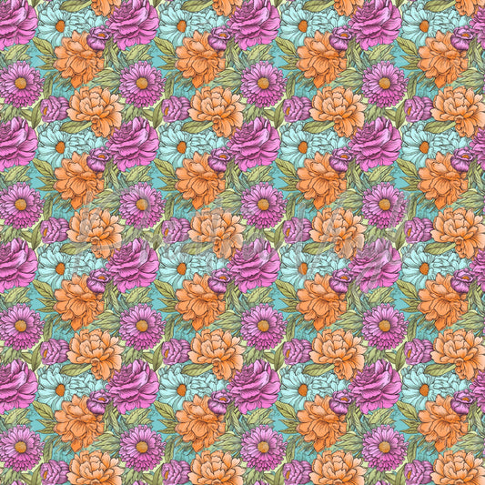 Flower Field #02 patterned vinyl featuring a vibrant collection of hand-drawn garden flowers in blush pink, peach, lavender, and aqua tones, accented with leafy green foliage and layered botanical details on a soft turquoise background.