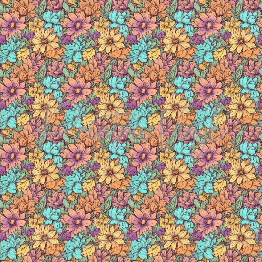 Flower Field #03 patterned vinyl featuring a dense arrangement of illustrated garden flowers in soft peach, lavender, golden yellow, turquoise, and violet tones, accented with detailed green foliage and botanical linework.