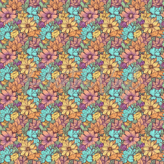 Flower Field #03 patterned vinyl featuring a dense arrangement of illustrated garden flowers in soft peach, lavender, golden yellow, turquoise, and violet tones, accented with detailed green foliage and botanical linework.