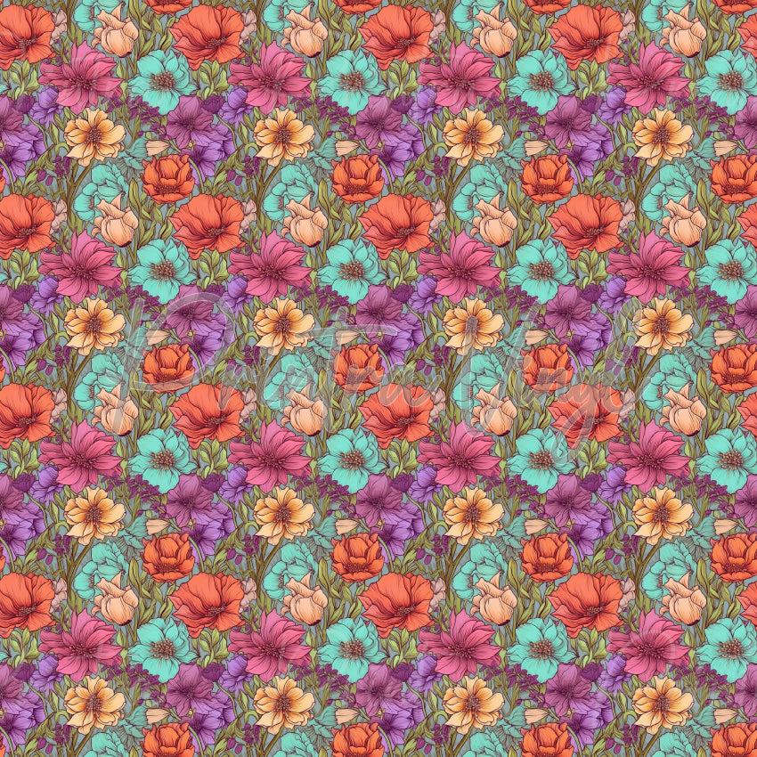 Flower Field #04 patterned vinyl featuring a lush meadow of illustrated wildflowers in coral, peach, turquoise, lavender, pink, and soft yellow tones, layered with detailed green foliage for a vibrant garden-inspired design.