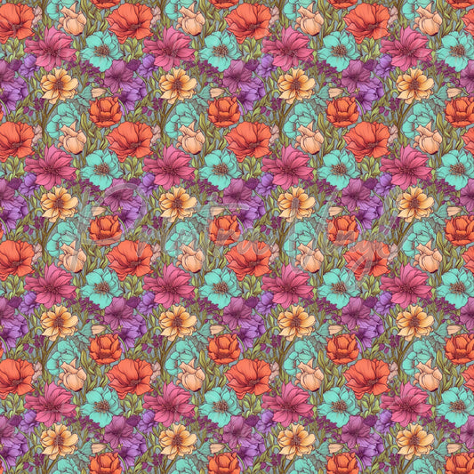 Flower Field #04 patterned vinyl featuring a lush meadow of illustrated wildflowers in coral, peach, turquoise, lavender, pink, and soft yellow tones, layered with detailed green foliage for a vibrant garden-inspired design.