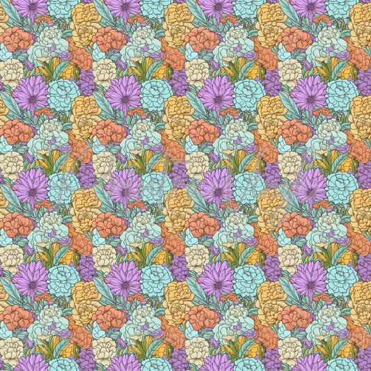 Flower Field #05 patterned vinyl featuring a dense meadow of illustrated blooms in soft lavender, peach, cream, yellow, and aqua tones, layered with leafy botanical details for a charming vintage-inspired floral design.