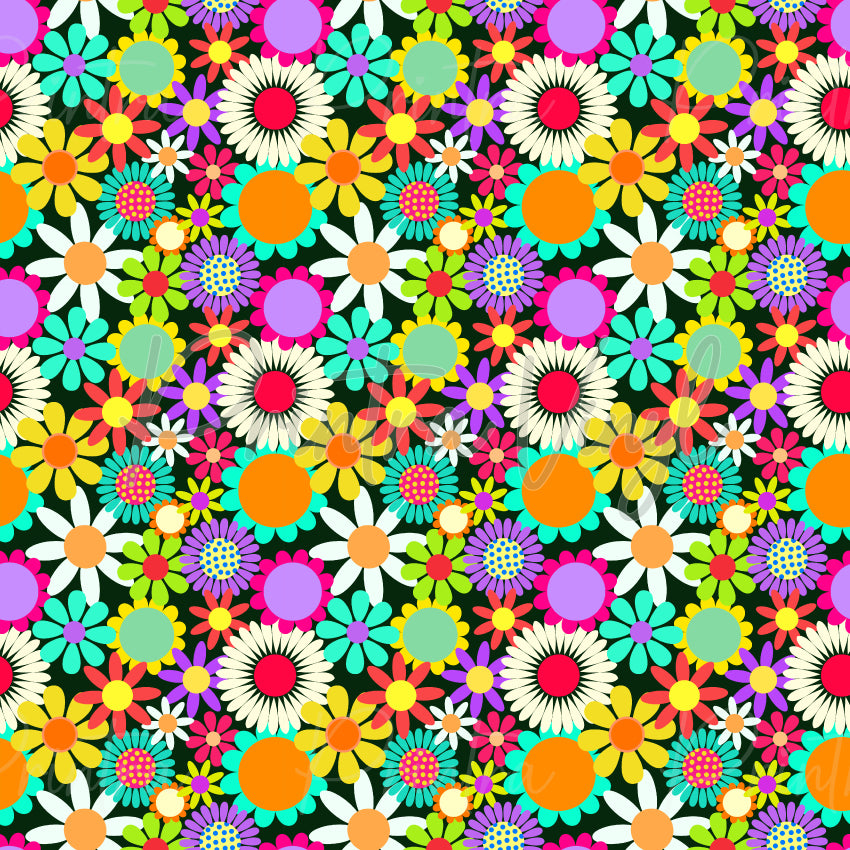 Flower Power #01 patterned vinyl featuring a vibrant mix of retro-inspired daisies and blooms in bright orange, yellow, pink, purple, aqua, lime green and white, layered across a bold black background in a colourful 1960s flower power design.