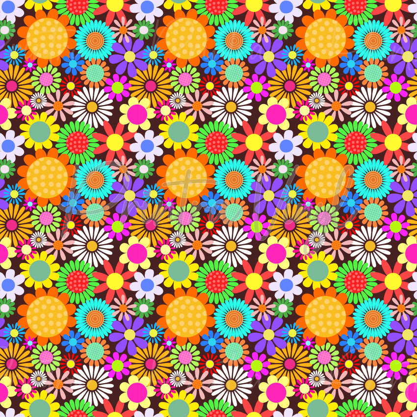 Flower Power #02 patterned vinyl featuring a vibrant garden of retro-inspired daisies and blooms in bright orange, yellow, pink, purple, aqua, lime green and white, layered across a rich chocolate brown background in a bold 1960s flower power design.