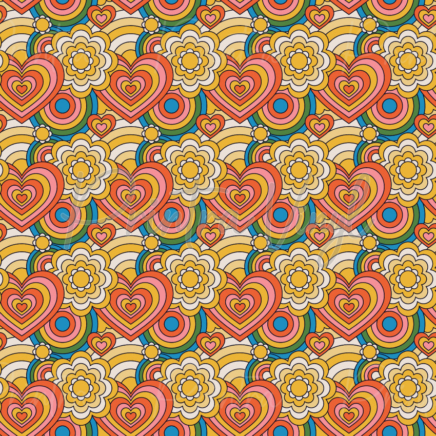Flower Power #04 patterned vinyl featuring layered retro flowers, rainbow arches and heart motifs in warm shades of mustard yellow, orange, coral pink, cream and teal, creating a bold 1970s-inspired groovy floral design.