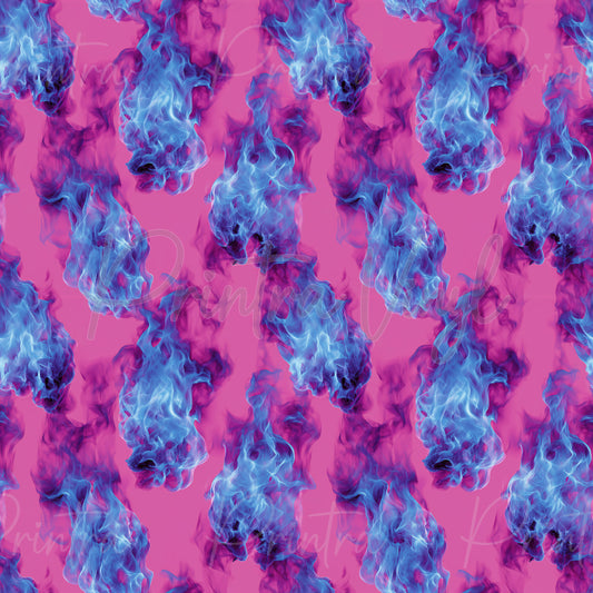 A seamless repeating pattern featuring vertical columns of blue and purple smoke or flame-like forms on a bright pink background.