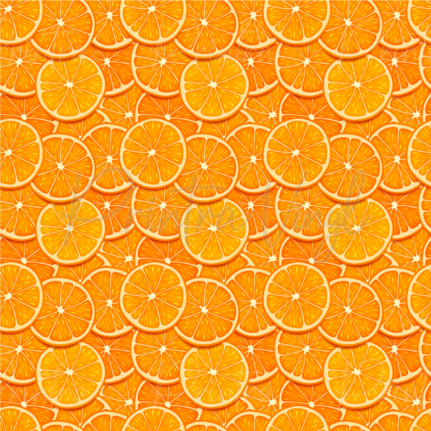 Fruit Slice #01 patterned vinyl featuring overlapping orange slices in vibrant citrus orange, golden yellow and cream tones, layered into a juicy all-over fruit design with detailed segment textures and bright summer-inspired colour.
