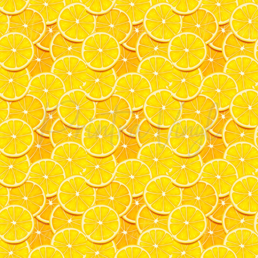 Fruit Slice #03 patterned vinyl featuring overlapping lemon slices in vibrant yellow, golden yellow and cream tones, layered into a zesty all-over fruit design with detailed citrus segments and bright sunshine-inspired colour.