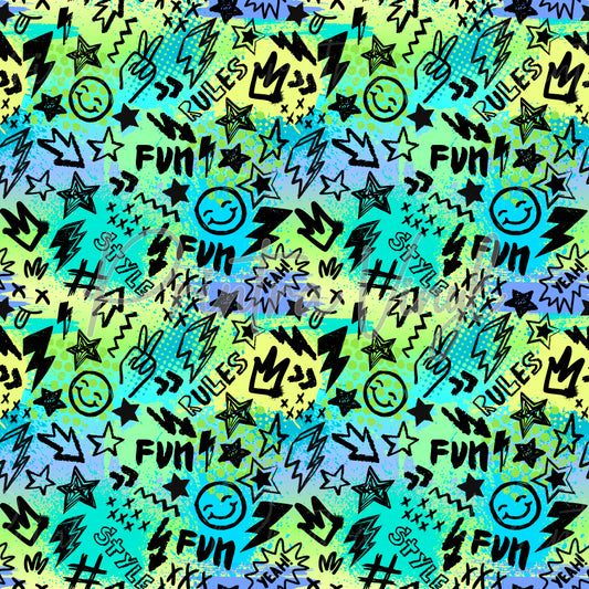 Fun Rules patterned vinyl featuring a vibrant graffiti-inspired doodle design with stars, lightning bolts, smiley faces, peace signs, crowns, arrows, comic-style text, and sketchy street-art elements in bright blue, lime green, black, and teal tones.
