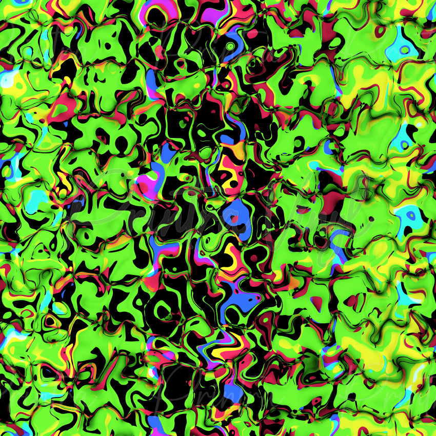 Funky Fusion patterned vinyl featuring vibrant neon green abstract liquid shapes with flowing black, pink, blue, yellow, and purple marbled details, creating a bold psychedelic design with fluid organic movement.