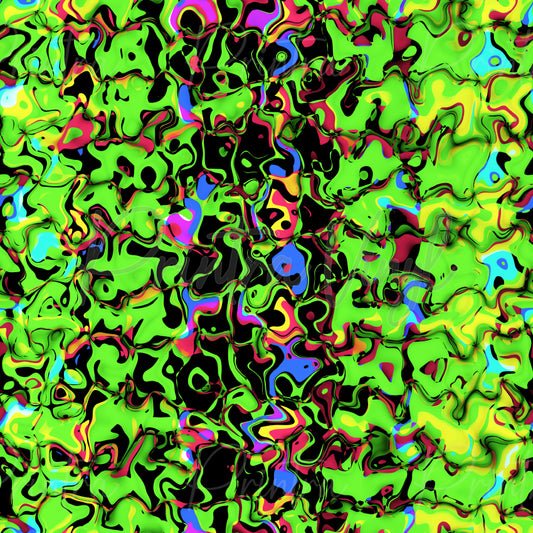 Funky Fusion patterned vinyl featuring vibrant neon green abstract liquid shapes with flowing black, pink, blue, yellow, and purple marbled details, creating a bold psychedelic design with fluid organic movement.